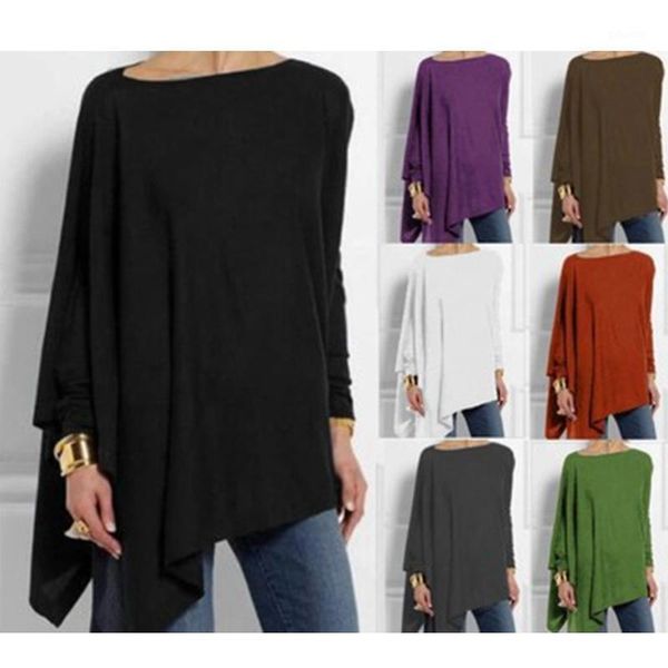 women's t-shirt long sleeve t shirt for women summer fashion plus size loose round neck irregular hem tshirt lugentolo, White
