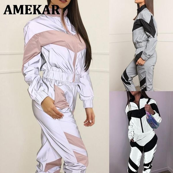 women's two piece pants reflective sports suit two-color stitching long-sleeved zipper fitness elastic band set women fashion, White
women's two piece pants reflective sports suit two-color stitching long-sleeved zipper fitness elastic band set women fashion, White