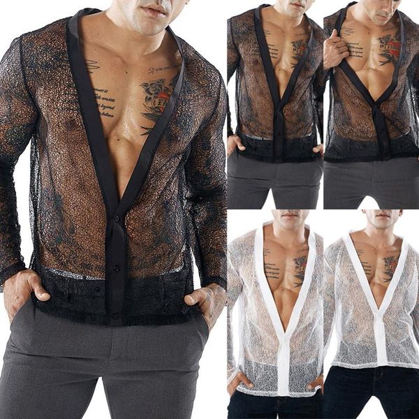 men's t-shirts mens mesh shirts cardigan long sleeve shirt blouse solid deep v autumn transparent club party men dress chemise homme, White;black
men's t-shirts mens mesh shirts cardigan long sleeve shirt blouse solid deep v autumn transparent club party men dress chemise homme, White;black