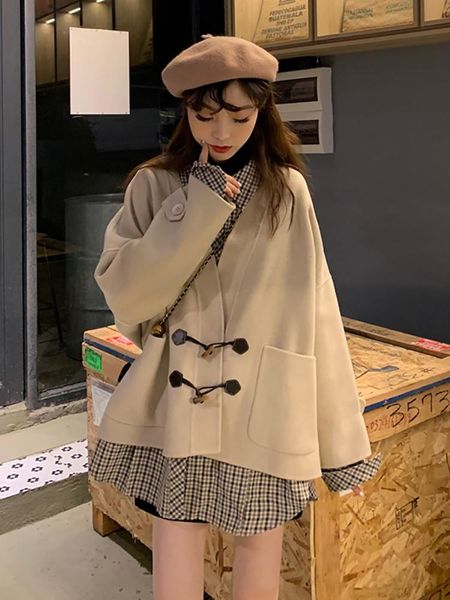women's wool & blends spring korean version of 2021 loose lazy fashion v-neck horn button long-sleeved woolen women coat clothing, Black
women's wool & blends spring korean version of 2021 loose lazy fashion v-neck horn button long-sleeved woolen women coat clothing, Black