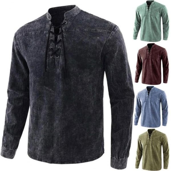 men shirt solid color lace up vintage stand collar long sleeve for dating men's t-shirts, White;black
men shirt solid color lace up vintage stand collar long sleeve for dating men's t-shirts, White;black