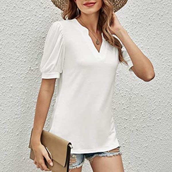 women's t-shirt 40# office lady solid color tshirt women casual v neck regular short sleeve tee elegant tunic summer clothing, White
women's t-shirt 40# office lady solid color tshirt women casual v neck regular short sleeve tee elegant tunic summer clothing, White