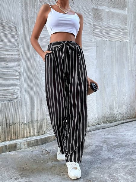striped tie front wide leg pants w6nb#, Black;white