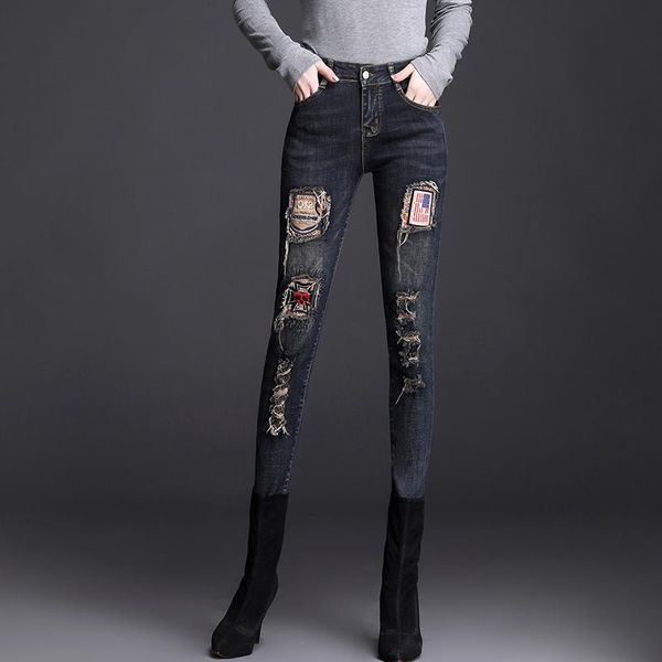 women cotton elastic denim pants 2021 spring high waist patch embroidery badge hole stretch pencil jeans lady long trousers women's, Blue
women cotton elastic denim pants 2021 spring high waist patch embroidery badge hole stretch pencil jeans lady long trousers women's, Blue