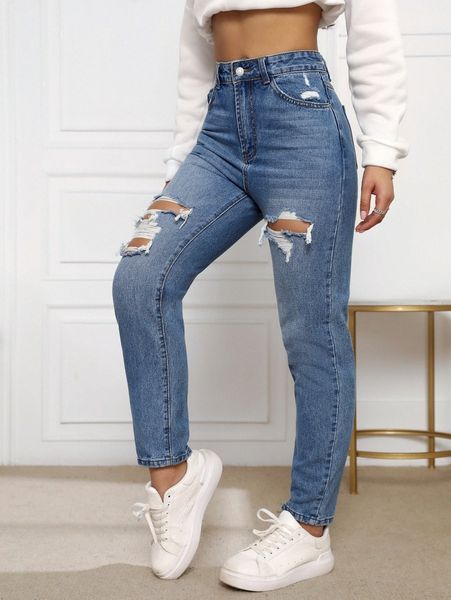 high waist ripped mom jeans o0wr#, Blue
high waist ripped mom jeans o0wr#, Blue