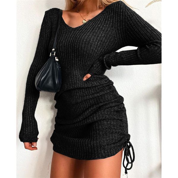 women's knitted dress causal drawstring mini dress autumn winter elegant fashion v-neck long sleeve bodycon party dresses, Black;gray
women's knitted dress causal drawstring mini dress autumn winter elegant fashion v-neck long sleeve bodycon party dresses, Black;gray