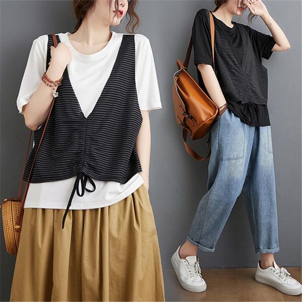 women's t-shirt big size summer women fashion stripe spliced drawstring lady female plus large false two piece cotton loose t shirt ts, White
women's t-shirt big size summer women fashion stripe spliced drawstring lady female plus large false two piece cotton loose t shirt ts, White