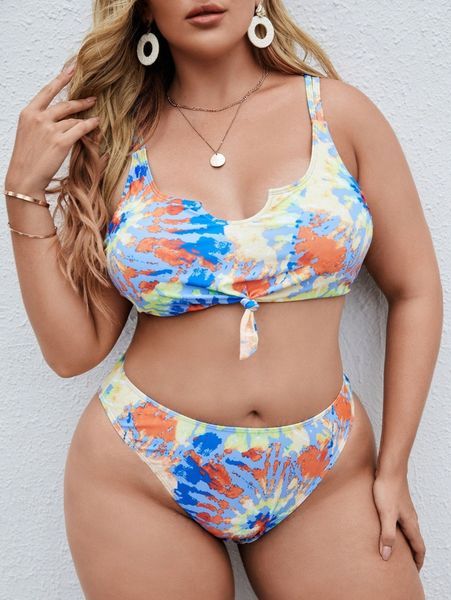 plus tie dye knot hem bikini swimsuit q72s#, Black