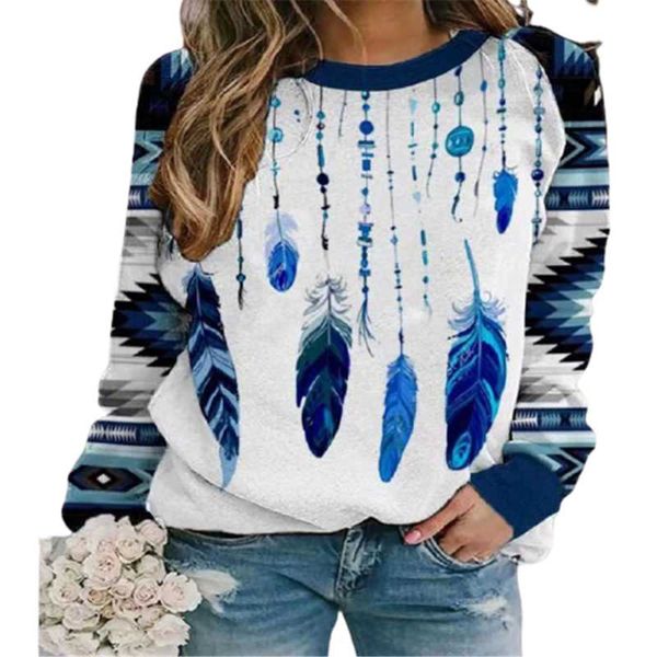 women's t-shirt autumn winter long sleeve women t-shirts feather print streetwear tee round-neck loose casual female sporty running, White