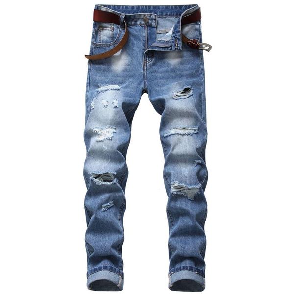 men's jeans ripped denim straight hole non-stretch cotton trousers ruined, Blue
men's jeans ripped denim straight hole non-stretch cotton trousers ruined, Blue
