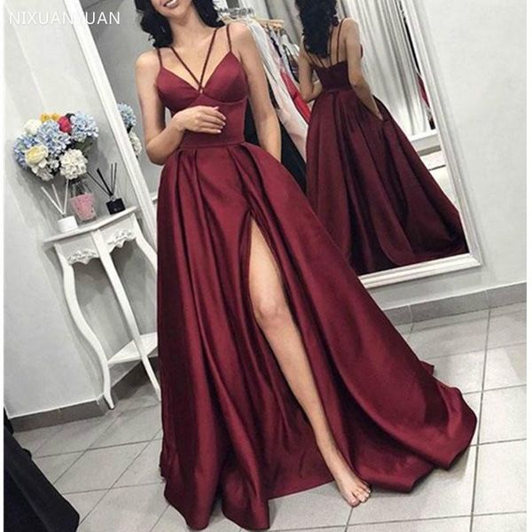 party dresses 2021 burgundy a-line satin evening dress long v-neck slit formal wedding spaghetti strap prom gown, White;black
party dresses 2021 burgundy a-line satin evening dress long v-neck slit formal wedding spaghetti strap prom gown, White;black