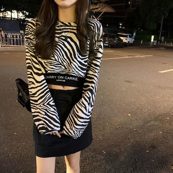 women's t-shirt zebra long sleeve spring and autumn japanese short high waist loose navel top, White
women's t-shirt zebra long sleeve spring and autumn japanese short high waist loose navel top, White