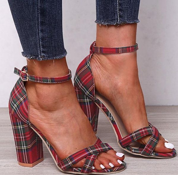 women shoes sandals summer ankle wrap heels chunky heel work big size, Black