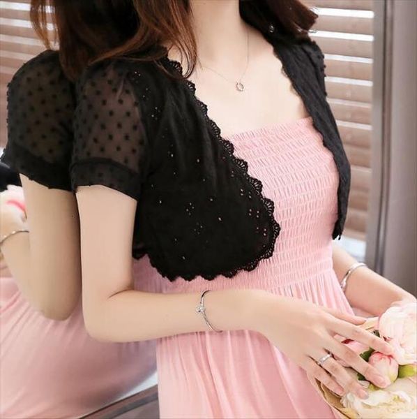 women lace shrug shawl sweater short sleeve crop chiffon blouse transparent see through sun proof outwear, White;black
women lace shrug shawl sweater short sleeve crop chiffon blouse transparent see through sun proof outwear, White;black