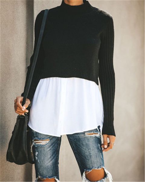 women panelled sweaters fashion trend spring crew neck splicing with button designer female long sleeve pullover knits slim tshirt, White;black
women panelled sweaters fashion trend spring crew neck splicing with button designer female long sleeve pullover knits slim tshirt, White;black