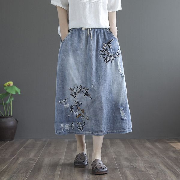 johnature autumn retro embroidery elastic waist denim half skirts loose leisure all-match women fashion lace up skirt 210521, Black
johnature autumn retro embroidery elastic waist denim half skirts loose leisure all-match women fashion lace up skirt 210521, Black