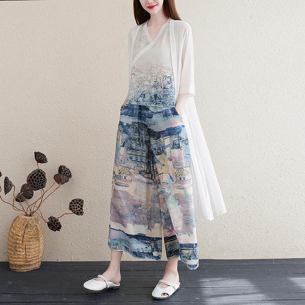fashion women 3 pieces sets vintage painting print vest + wide leg pants open stitch cardigans loose chiffon suits outfit women's two, White
fashion women 3 pieces sets vintage painting print vest + wide leg pants open stitch cardigans loose chiffon suits outfit women's two, White