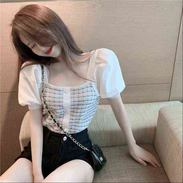women sweater square neck puff sleeve patchwork knitted shirt chic ladies streetwear short blouses femininas, White;black
women sweater square neck puff sleeve patchwork knitted shirt chic ladies streetwear short blouses femininas, White;black