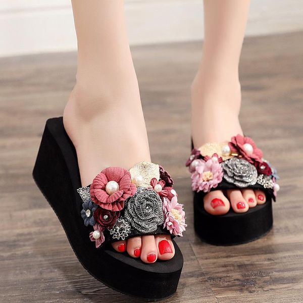 slippers 3-6cm high heel women's rhinestone summer sweet flowers seaside beach fashion slope with thick bottom sandals, Black
slippers 3-6cm high heel women's rhinestone summer sweet flowers seaside beach fashion slope with thick bottom sandals, Black