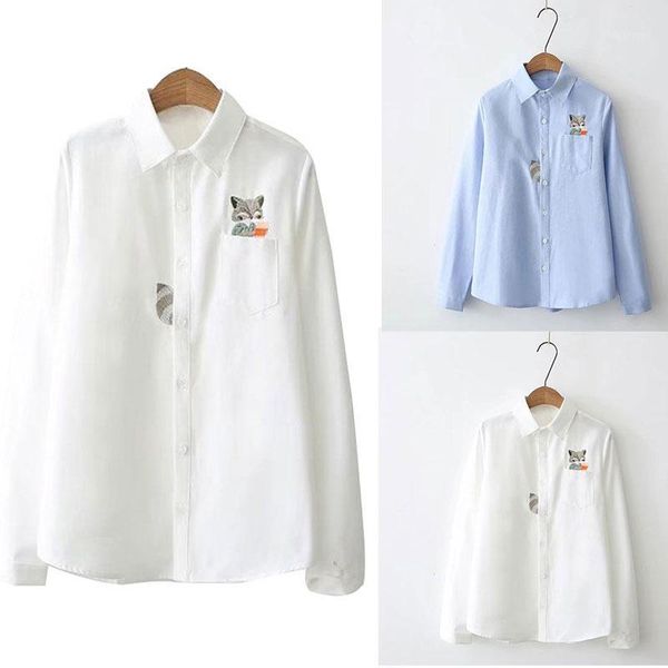 literary funny pattern lapel pure cotton long sleeve blouse women spring summer d88 women's blouses & shirts, White