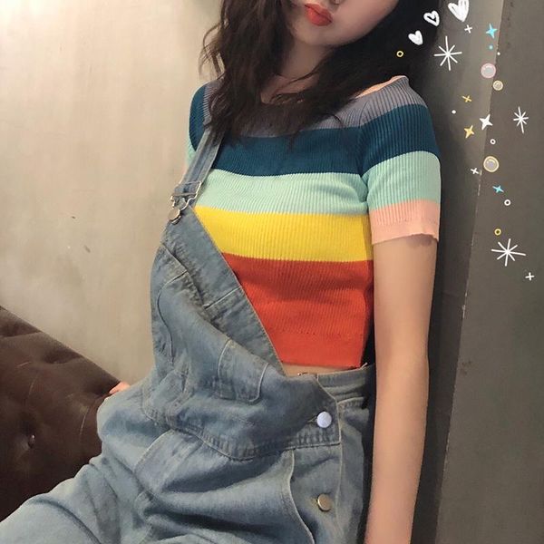 o-neck knitted sweaters fashion brand korean style women's clothing summer sweet crop pullovers rainbow stripes slim thin, White;black
o-neck knitted sweaters fashion brand korean style women's clothing summer sweet crop pullovers rainbow stripes slim thin, White;black