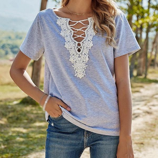 women's t-shirt lace patchwork hollow out v-neck short sleeve solid gray women 2021 summer causal loose pullover, White
women's t-shirt lace patchwork hollow out v-neck short sleeve solid gray women 2021 summer causal loose pullover, White