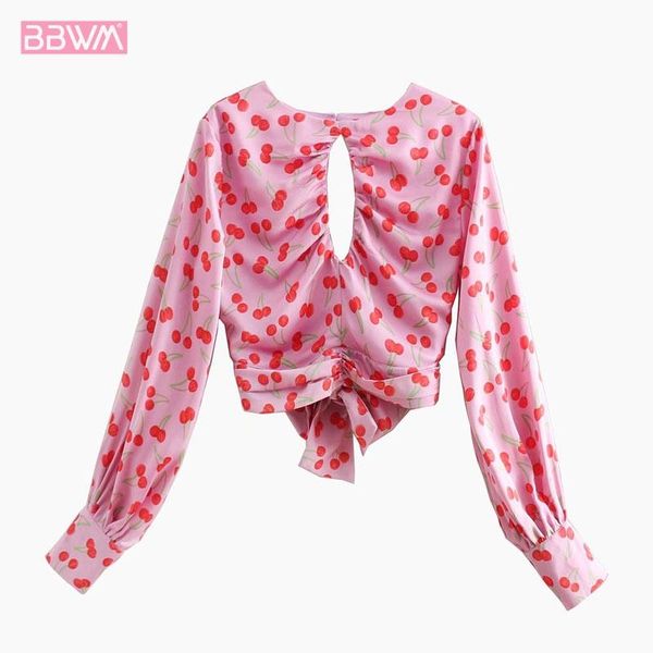 women round neck long sleeve cherry print t-shirt chic front hollow halter vintage fashion bow short 3 colors female women's, White
women round neck long sleeve cherry print t-shirt chic front hollow halter vintage fashion bow short 3 colors female women's, White