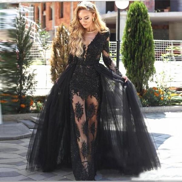 vintage long sleeves lace mermaid prom dresses with detachable train appliqued tulle formal evening gowns, Black
vintage long sleeves lace mermaid prom dresses with detachable train appliqued tulle formal evening gowns, Black