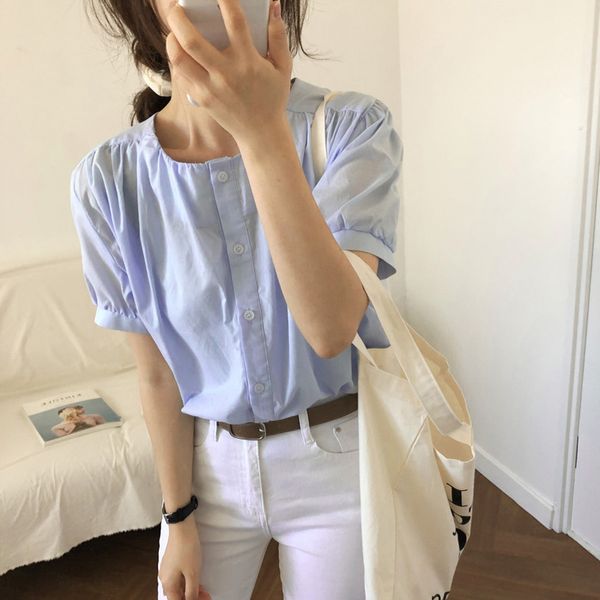 2 colors femme womens summer korean style solid color short sleeve shirt women v neck blouses (c6512), White
2 colors femme womens summer korean style solid color short sleeve shirt women v neck blouses (c6512), White