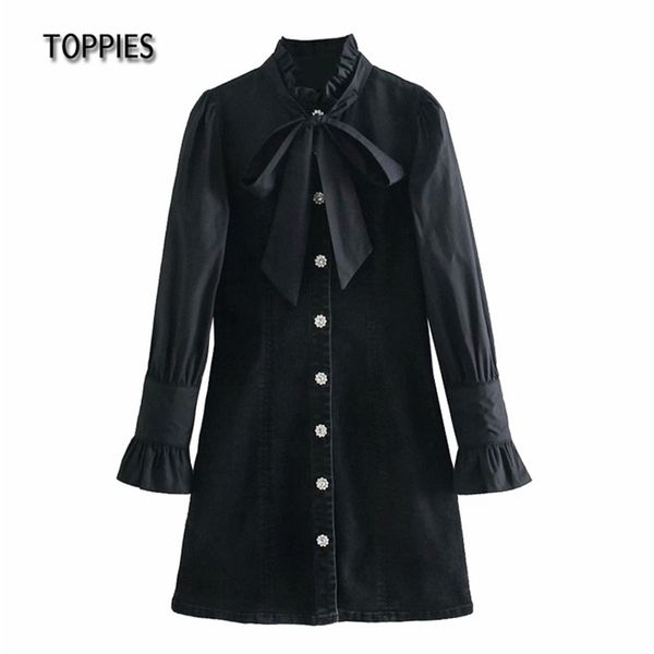 vintage black denim dress women long sleeve spliced shirts bow tie ruffles chic vestidos streetwear 210421, Black;gray
vintage black denim dress women long sleeve spliced shirts bow tie ruffles chic vestidos streetwear 210421, Black;gray