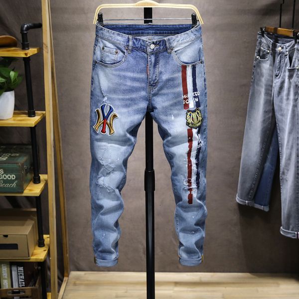 jeans high end men's fashion brand printed embroidery slim fit elastic small foot long pants, Blue
jeans high end men's fashion brand printed embroidery slim fit elastic small foot long pants, Blue