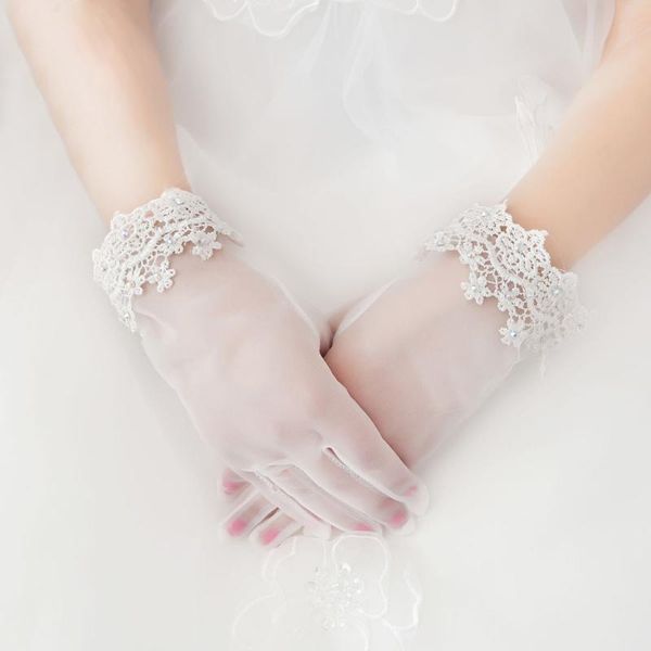 bridal gloves wedding lace short with mittens, White