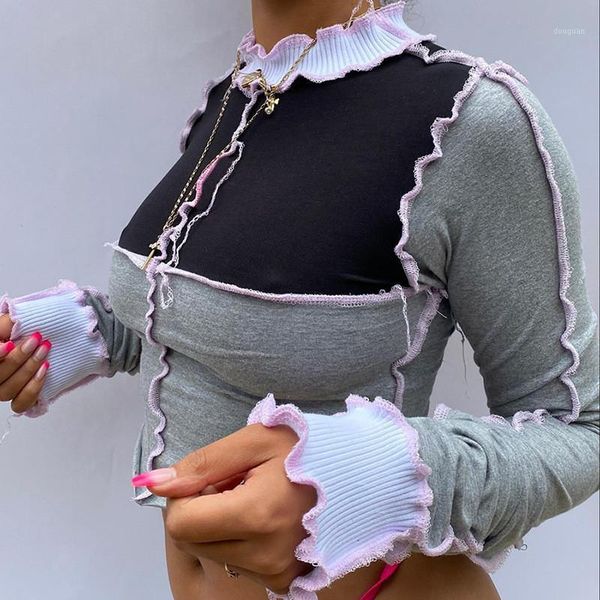 women's t-shirt trendy long sleeve pullover ruched neck contrast color stitching fashion slim shirt cropped streetwear, White
women's t-shirt trendy long sleeve pullover ruched neck contrast color stitching fashion slim shirt cropped streetwear, White