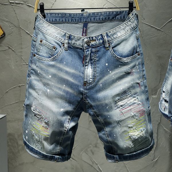 summer high street trendy men's fashion hand-painted paint dot hole embroidery color thread five-point denim shorts, Blue
summer high street trendy men's fashion hand-painted paint dot hole embroidery color thread five-point denim shorts, Blue