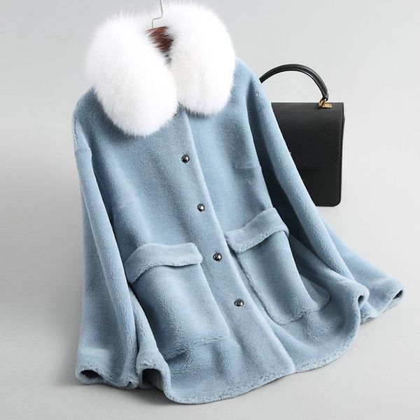 women's fur & faux 2021 natural sheep shearing coat with real collar winter jacket women elegant blue short warm overcoat 19020, Black
women's fur & faux 2021 natural sheep shearing coat with real collar winter jacket women elegant blue short warm overcoat 19020, Black