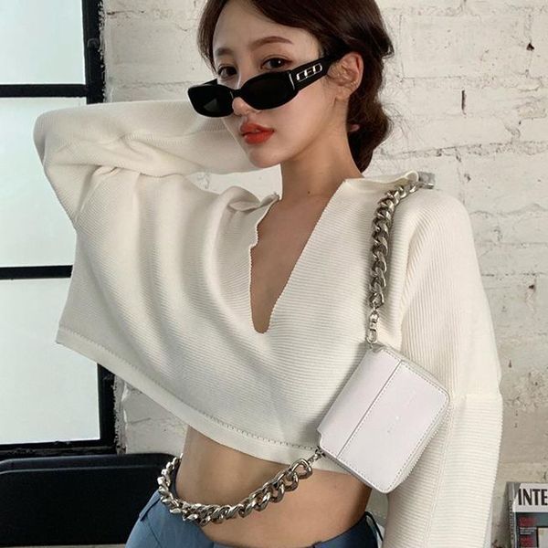 short knit sweater women v-neck crop long sleeve pull femme autumn 2021 solid vintage women's sweaters, White;black
short knit sweater women v-neck crop long sleeve pull femme autumn 2021 solid vintage women's sweaters, White;black