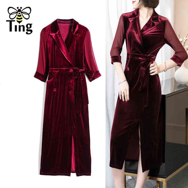 retro notched collar women casual velvet dress spring autumn office work midi long split vestidos plus size 210513, Black;gray 
retro notched collar women casual velvet dress spring autumn office work midi long split vestidos plus size 210513, Black;gray