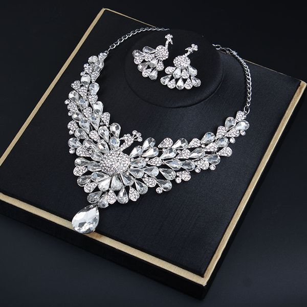 super flash crystal peacock necklace earring set chain dress jewelry banquet bride accessories, Silver
super flash crystal peacock necklace earring set chain dress jewelry banquet bride accessories, Silver