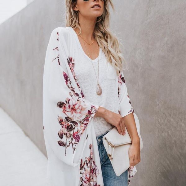 women's swimwear vest women summer beach flower print long mouths open front side chiffon kimono casual jas, White;black
women's swimwear vest women summer beach flower print long mouths open front side chiffon kimono casual jas, White;black