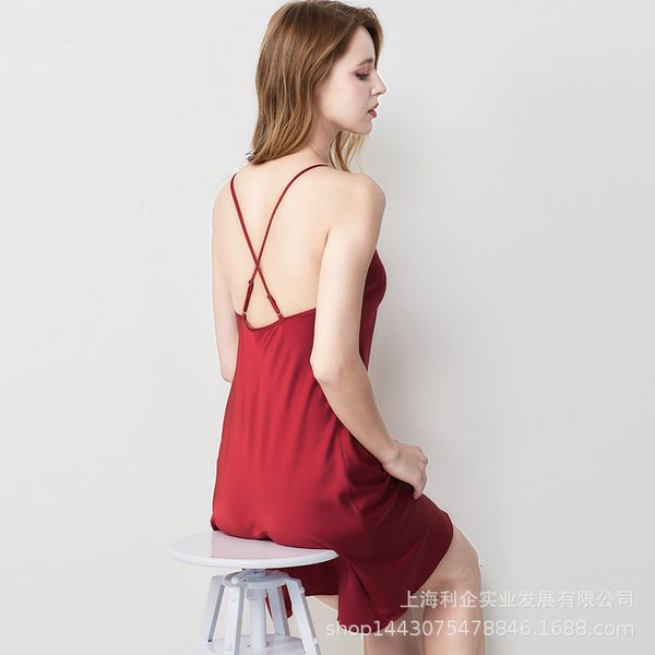 ice silk nightdress women's summer thin open back suspender skirt imitation pajamas, Black;red
ice silk nightdress women's summer thin open back suspender skirt imitation pajamas, Black;red