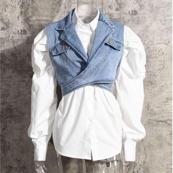 women's blouses & shirts autumn puff sleeve woman short irregular denim vest fashion women two-piece set gema, White
women's blouses & shirts autumn puff sleeve woman short irregular denim vest fashion women two-piece set gema, White