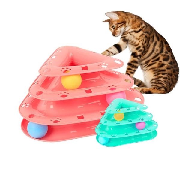 cat toys triangle three levels interactive ball towers intelligence play tracks disc toy for cats tower training plate