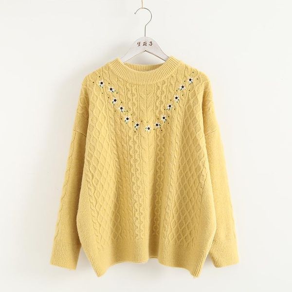 women's sweaters 2021 autumn female flowers embroidery twist round collar sweater long-sleeved loose knitting, White;black
women's sweaters 2021 autumn female flowers embroidery twist round collar sweater long-sleeved loose knitting, White;black