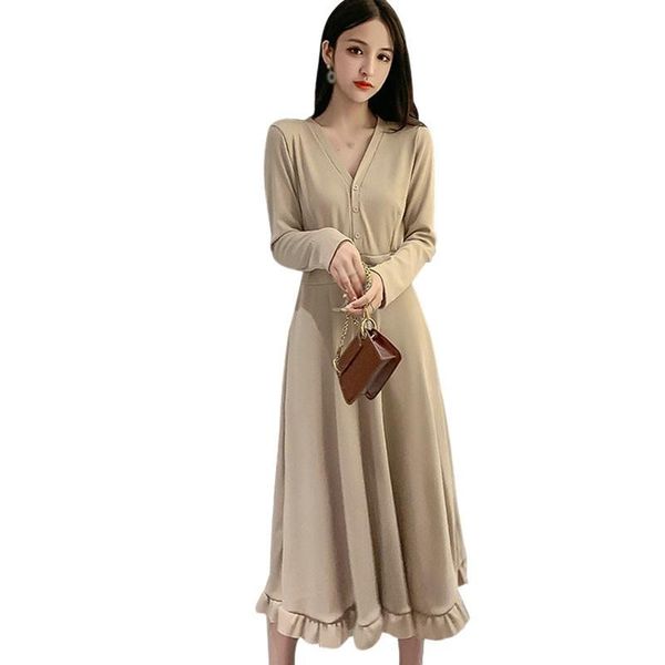 gentle dress temperament spring\autumn dresses ruffled v-neck slim slimming waist solid color vestido de mujer casual, Black;gray
gentle dress temperament spring\autumn dresses ruffled v-neck slim slimming waist solid color vestido de mujer casual, Black;gray