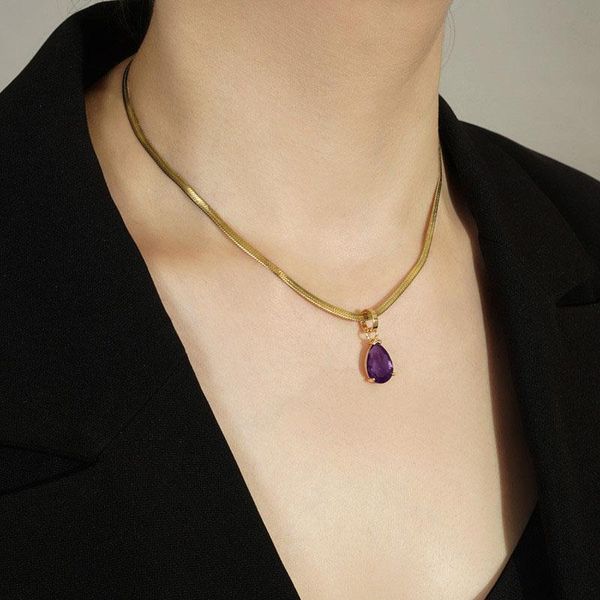 chains elegant gold silver color snake chain purple water drop zircon pendant necklace for women girl metal geometric short necklaces
chains elegant gold silver color snake chain purple water drop zircon pendant necklace for women girl metal geometric short necklaces