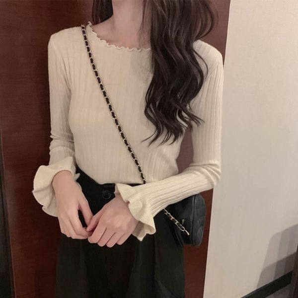 women's sweaters ear edge design of autumn 2021 round neck simple and slim long sleeve bottomed t-shirt sweater for women, White;black
women's sweaters ear edge design of autumn 2021 round neck simple and slim long sleeve bottomed t-shirt sweater for women, White;black