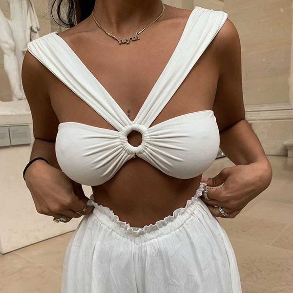 2021 summer new european and american v-neck chest wrapped open back bandage women's short bra, White
2021 summer new european and american v-neck chest wrapped open back bandage women's short bra, White
