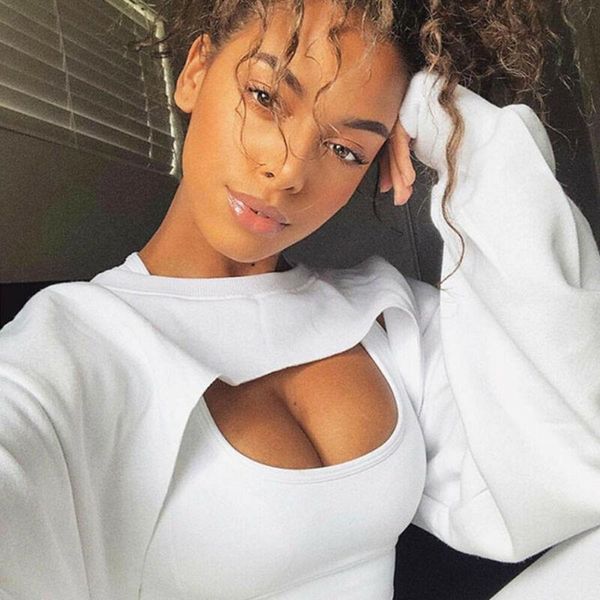 women's t-shirt streewear female fashion long sleeve hollow out solid crop women irregular sweatshirt pullover shirts, White