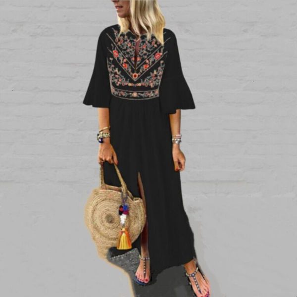 dresses ethnic style casual loose mid sleeve printed multi color dress, Black;gray 
dresses ethnic style casual loose mid sleeve printed multi color dress, Black;gray