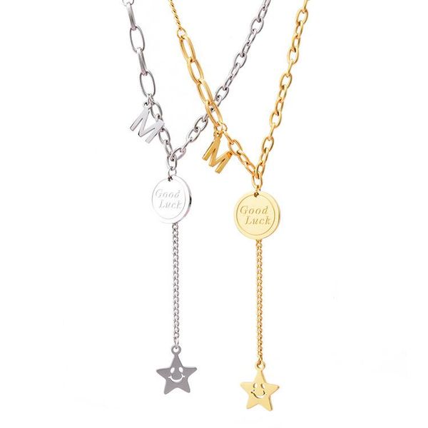 titanium steel 18k gold plated smiling star pendant necklace good luck letter necklace jewelry for women, Silver
titanium steel 18k gold plated smiling star pendant necklace good luck letter necklace jewelry for women, Silver
